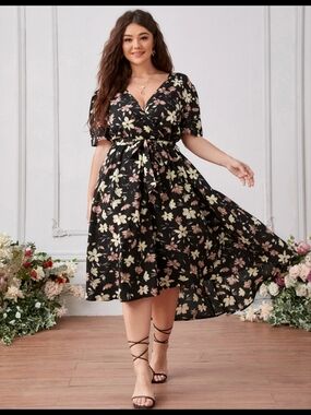 SHEIN Black Floral Wrap Midi Dress with Cream & Pink Blossoms